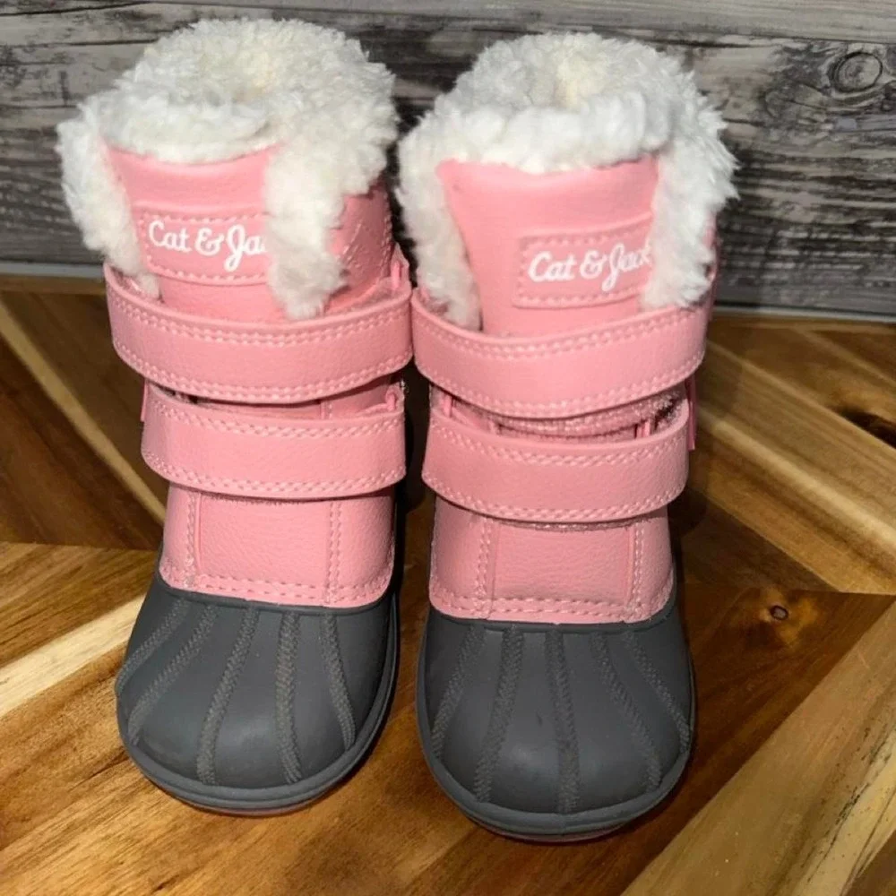 Cat & Jack Pink & Gray Snow Boots with White Faux Fur Trim